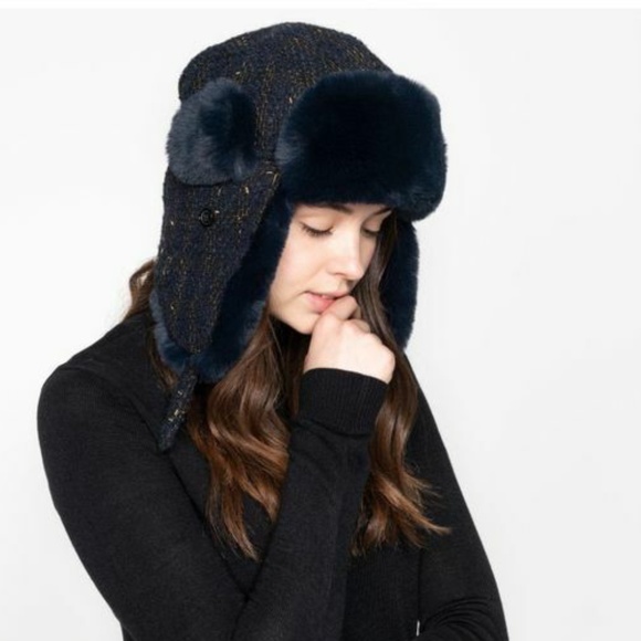 (NWT) INC International Concepts Navy Woven Shine Faux Fur Trapper OSFM - Picture 2 of 10